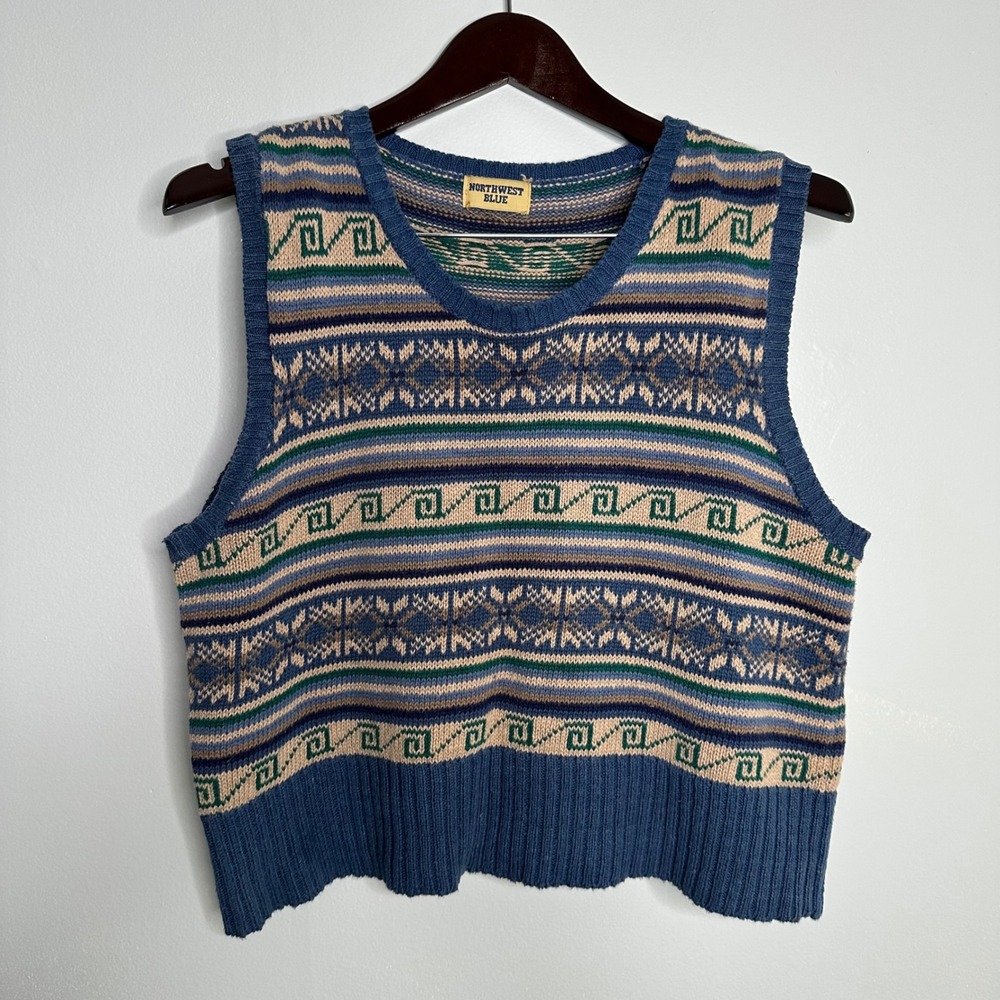 Northwest Blue Sweater Vest Unisex Medium Blue Multi Good Vintage Fair Isle Knit
